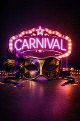 Mardi gras carnival party celebration mask purple gold feathers neon light sign festival holiday event night decoration concept
