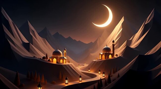 Low poly mountains valley with mosques and lanterns under crescent moon