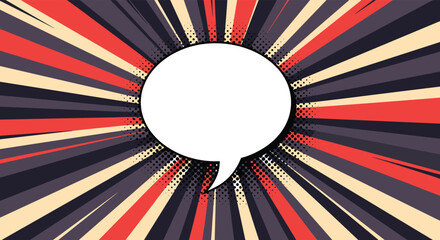 Circular pop art speech bubble with halftone details on a multicolored radial background for a bold and dynamic retro message.