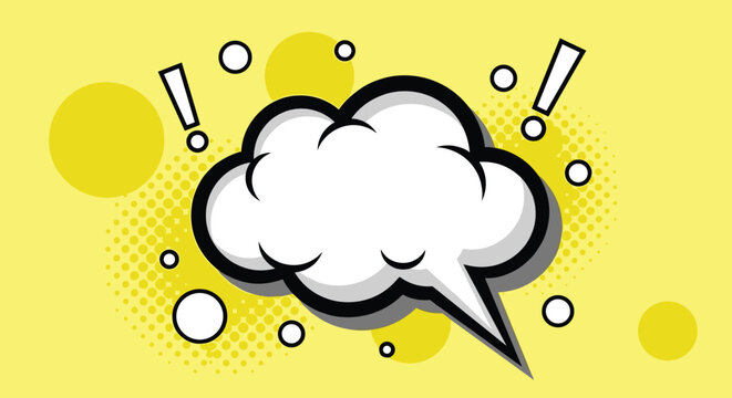 Pop art thought bubble with exclamation points and circles on a bright yellow background with a halftone dot pattern.