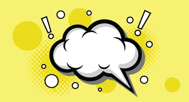 Pop art thought bubble with exclamation points and circles on a bright yellow background with a halftone dot pattern.