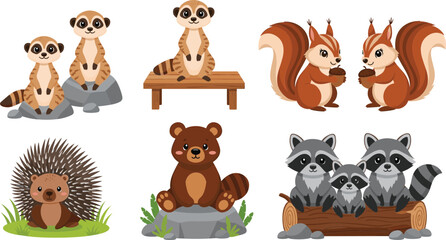 Cute forest animal character set featuring meerkat squirrel hedgehog bear and raccoon cartoon wildlife vector illustration © Sumon Creative