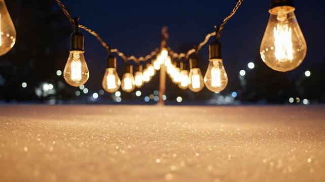 A steady cinematic camera push-in over a fresh layer of pristine snow towards the convergence point of brightly lit hanging decorative string lights at night tranquility, smooth, beautiful