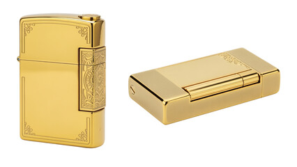Two lustrous, golden rectangular objects. One is upright, showcasing intricate side detail. The other lies flat. Both have reflective surfaces