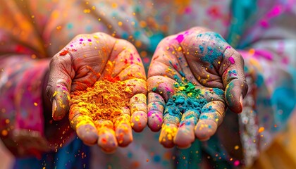 Cupped hands brimming with vibrant, multi-colored dry powder, symbolizing the joyous spirit and rich traditions of a lively cultural festival, evoking happiness and unity