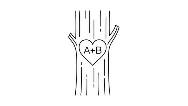 Line art illustration of a tree trunk with a heart carved into it, containing the initials A+B, symbolizing enduring love and commitment.