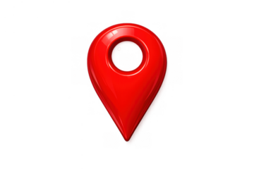Red glossy 3d map pin marker pinpointing a location or point of interest, isolated on transparent background for apps and maps