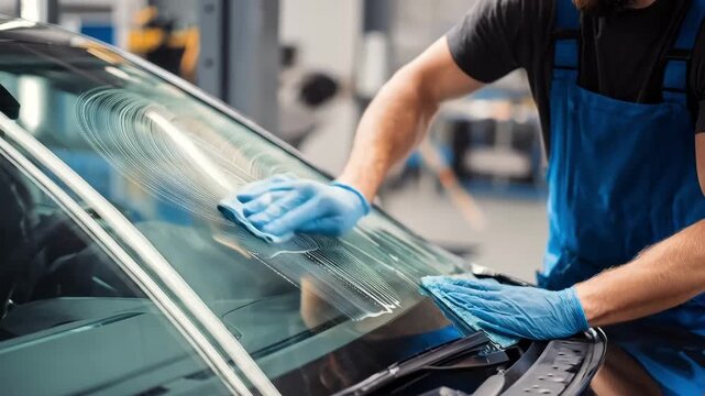 Worker fitting a tempered glass windshield to enhance durability and impact resistance on an automobile