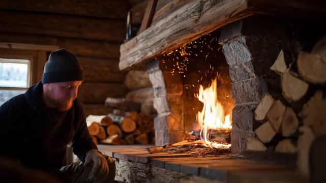 Skilled technician installing a rustic woodburning fireplace in a wooden lodge highlighting traditional cozy warmth and natural flame ambiance for winter comfort.