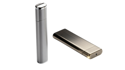 Two metallic cigar cases are shown against a stark black background. One is a tall, cylindrical case; the other a flat, rectangular one