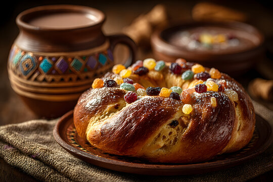 Rosca de Reyes, also called Three Kings Bread, Roscon, Epiphany Cake, traditionally served with hot chocolate in a clay Jarrito. Mexican tradition on January 5th.