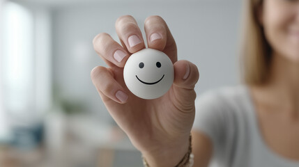 Fototapeta premium A hand holding a smiling face against a soft, light background. Happiness, positivity, emotional well-being, satisfaction, mental health, positive emotions, emotional balance. Psychology, health. 