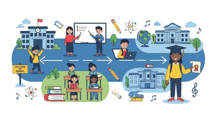 Naklejka premium Student education path from school to university graduation, learning process and academic journey