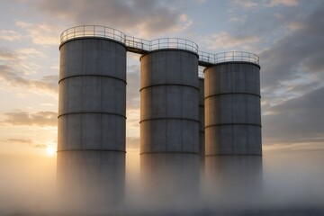 Industrial concrete silos emerging from morning fog. Warm sunrise light illuminating the structures and sky, creating an atmospheric scene