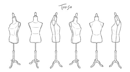 ファッションデザイン用トルソーの多角度線画イラストセット/線画のみ、塗り無し