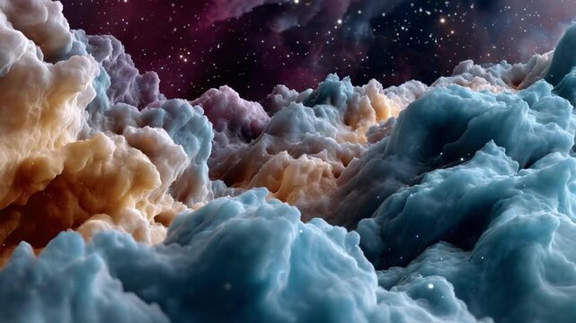 Celestial Abstract: An abstract visual, featuring a dreamy expanse of soft, swirling, cloud-like formations. These billows seem to dance amidst a galaxy of stars.