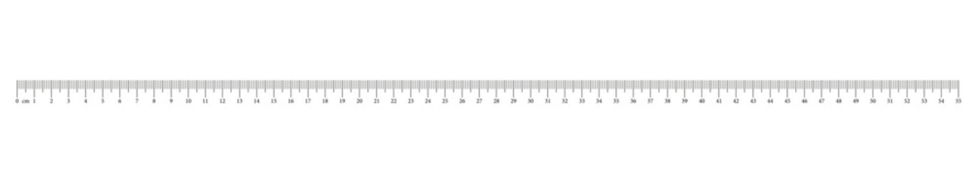 Measuring chart with 55 centimeters. Ruler scale with numbers. Length measurement math, distance, height, sewing tool, template. Graphic outline illustration.
