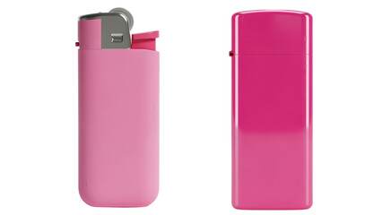 Two pink lighters shown side-by-side, one open and the other closed. The design is simple, showcasing color and form