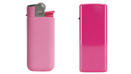 Two pink lighters shown side-by-side, one open and the other closed. The design is simple, showcasing color and form
