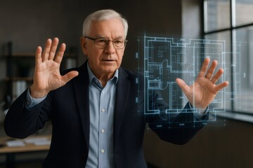Senior professional man using augmented reality interface, discussing a holographic floor plan for future architecture and construction