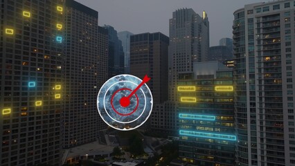 Business skyscrapers with animated graphics on windows and target icon symbolizing corporate goals and strategy