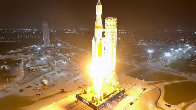 Space Launch: The powerful launch of a colossal rocket against the night sky, igniting a fiery display of propulsion, against a backdrop of the launchpad bathed in ambient glow.
