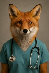 Obraz premium Fox wearing teal scrubs and a stethoscope, representing animal care, veterinary medicine, and professional healthcare