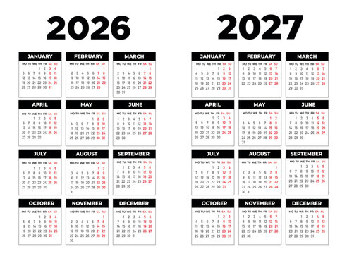 Two-Year Calendar Display for 2026 and 2027
