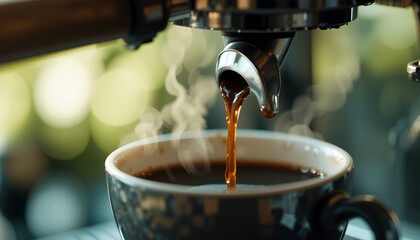 Freshly brewed coffee pouring into a ceramic cup, steam rising, showcasing the rich texture and color of the beverage in a cozy cafe environment with blurred background