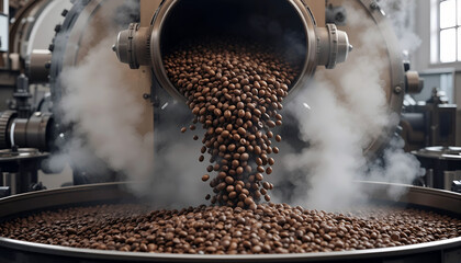 Coffee beans are being poured from a roasting machine into a large container, surrounded by steam and industrial equipment, showcasing the coffee roasting process in action