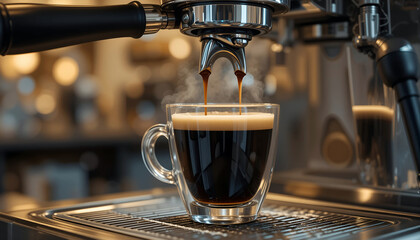 Espresso machine brewing rich coffee into a glass cup, with steam rising and blurred cafe background, showcasing the art of coffee preparation and enjoyment