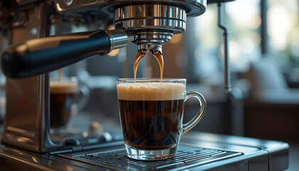 Espresso machine brewing rich coffee into a glass cup, showcasing the dark liquid and creamy foam, with a blurred cafe background creating a warm atmosphere