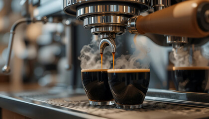 Espresso machine brewing two cups of aromatic coffee, with steam rising, showcasing rich textures and warm tones in a cozy cafe environment, perfect for coffee lovers