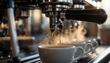 Espresso machine brewing coffee, with rich brown liquid flowing into white cups, steam rising, showcasing the art of coffee preparation in a cozy cafe environment