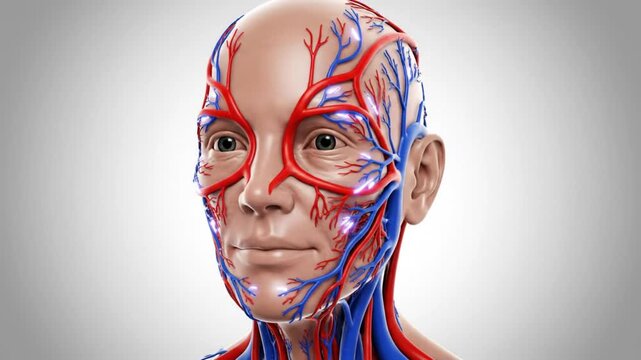 Anatomical Human Face Displaying Blood Vessels, Artery, Vein, Circulation of Blood Flow, Medical Visualization