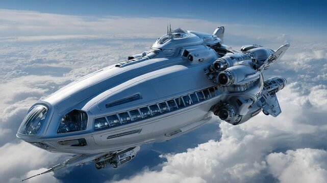 Airship in the Clouds: A futuristic airship soars gracefully through a sea of clouds. with its sleek design. An emblem of innovation and boundless exploration, against the backdrop of an endless sky.