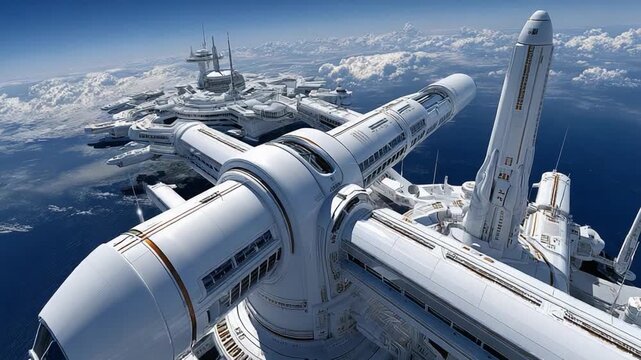 Celestial Haven: An awe-inspiring depiction of a futuristic space station, a testament to human ingenuity floating serenely in the vast expanse above planet earth.