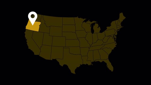 High quality 4K animation of the Oregon state map with a location pin marker. Clean motion graphic suitable for navigation, travel, business location, presentations