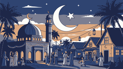 Ramadan Night Scene with Mosque and Crescent Moon