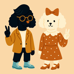 Pet shop advertisement. Black poodle and white lapdog both dressed in fashionable clothes, showing sign of Victory with their paws. Vector illustration