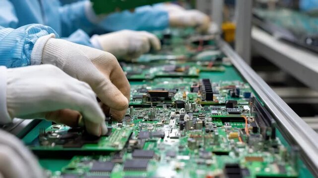 Technicians manually dismantle electronic waste carefully separating circuit boards and components for recycling in a controlled facility environment