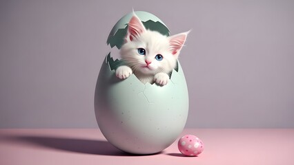Easter kitten emerging from egg cute holiday scene with white cat