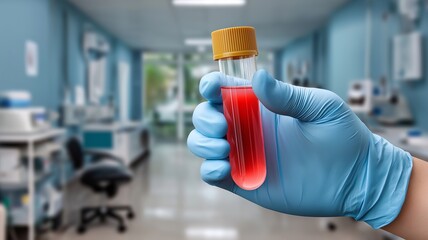 Close up of hand in blue glove holding urine sample with blood in laboratory
