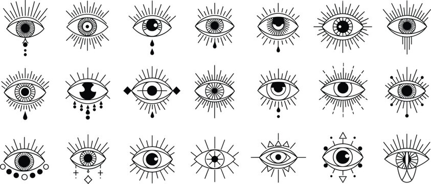Set of twenty-one black and white mystic eye icons with esoteric symbols centered on white, spiritual occult design elements for magic and mystery.