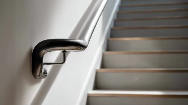 Creative medium shot of assembling a curved metal handrail on a hallway wall highlighting sleek design and sturdy construction for added stability.