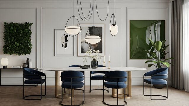 A modern luxury dining room interior with a refined minimalist aesthetic, featuring an oval marble dining table with sculptural brass legs, deep navy upholstered dining chairs with curved metal frames