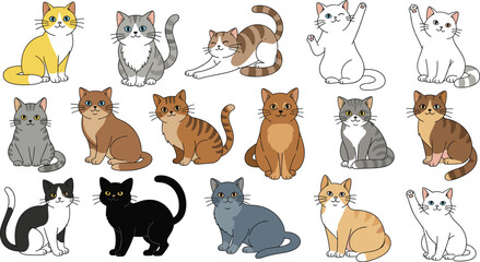 Large set of seventeen cute cartoon cats and kittens in various poses including sitting, stretching, and waving, adorable feline pet animal vector illustration. © MstKhyrun
