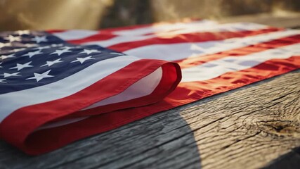 A wide cinematic pan tracking slowly over a neatly folded American flag resting on weathered wooden boards bathed in soft morning light memorial day, slowly over, solemnity