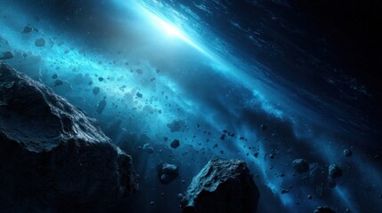 Majestic View of a Distant Asteroid Field with Drifting Rocks and a Glowing Cosmic Background