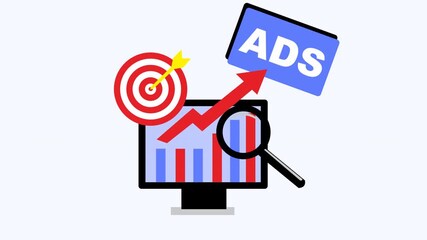 Computer screen showcasing business marketing insights ads. Suitable for digital marketing, advertising concepts, online business strategies, data analytics presentations.